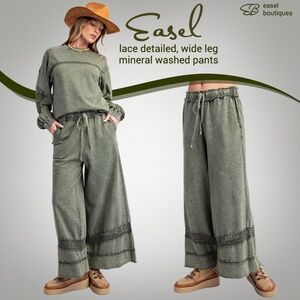 EASEL Lace Detailed Terry Knit Cotton Mineral Washed Wide Leg Drawstring Pockets